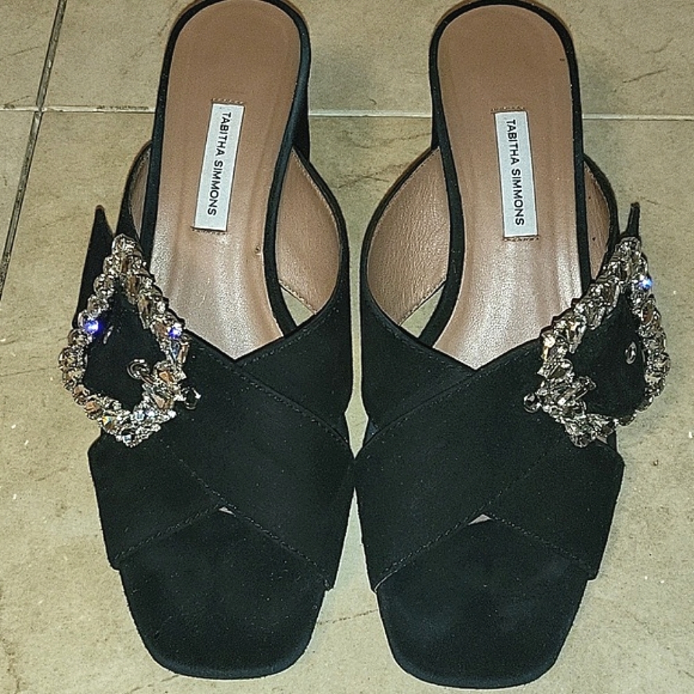TABITHA SIMMONS SELENA Black Suede Crystal Sandals Mules Shoes Sz 40 ITALY 🇮🇹